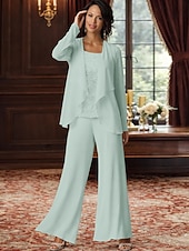 abordables Trajes de pantalón de mamá-Traje de pantalón Traje de 3 piezas Hasta el Suelo Vestido de Madrina Sin Mangas Barco de cuello Elegante Talla Grande Bolero incluido Formal Invitado a la boda Gasa con Encaje
