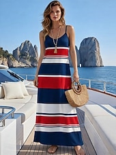 voordelige Strepen- en geometrische jurk-Dames Maxi-jurk Zonnejurk A lijn jurk Slipdress Vakantie Casual Strand Uitgaan Normale pasvorm Grafisch Geometrisch Mouwloos V-hals Marineblauw Zomer Lente
