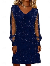 preiswerte abendkleider-Damen Knielanges Kleid Partykleid Cocktailkleid Elegant Mode Modern Abendgesellschaft Party Cocktailparty Normale Passform Stern Langarm V Ausschnitt Schwarz Wein Königsblau Sommer Frühling