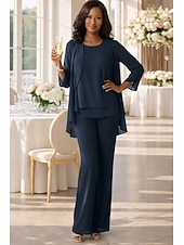 preiswerte Hosenanzüge für Mama-Overall Hosenanzug Bodenlang Brautmutterkleid Dreiviertelarm V Ausschnitt Elegant Hochzeitsgast Chiffon mit Rüschen