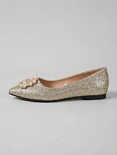 abordables Mère de la Mariée/Marié-Ballerines dorées à paillettes ornées de perles, élégantes chaussures pour la mère de la mariée lors d'un mariage en ville, ballerines confortables à bout pointu pour une occasion formelle.