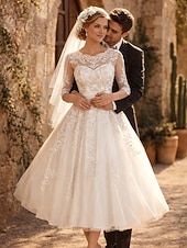 preiswerte Kleine weiße Kleider-A-Linie Tee-Länge Hochzeitskleider Brautkleider Brautkleid Vintage 1940er / 1950er Kleine Weiße Kleider Dreiviertelarm Illusionsausschnitt Abschlussfeier Geburtstag Spitze Tüll mit Applikationen