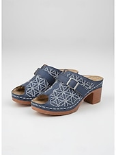 abordables Sandales à glissière-Mules à talon bloc brodées bleues pour femmes - sandales à boucle florale pour brunch, garden-parties et style rétro au quotidien