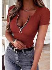preiswerte Einfarbiges T-Shirt-Damen Rippstricktops T Shirt Eng anliegender Top Frontreißverschluss Stilvoll Sexy Kurzarm V Ausschnitt Normale Oberteile Täglich Ausgehen Outfits für die Verabredung am Abend Schwarz Wein Rote Grau