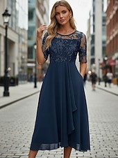 billiga Chiffongklänningar-Dam Midiklänning Chiffongklänningar Spetsklänning Cocktail klänning Bröllopsgästklänning Elegant Formell Fest Bröllop Normal Halvlång ärm Rund hals Rodnande Rosa Guld Grön Mörkblå Sommar