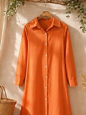 cheap Dresses-Women's Midi Dress Linen-feel Dresses Shirt Dress Casual Dress A Line Dress Fashion Basic Modern Daily Vacation Going out Regular Fit Plain Long Sleeve Shirt Collar Blue Black Wine Orange Spring Fall