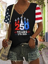  Amerikanischer Unabhängigkeitstag Damen T Shirt Druck Grafik Amerikanische Flagge Vintage Stilvoll Klassisch Kurzarm V Ausschnitt Normale Oberteile Täglich Schwarz Weiß Sommer Frühling