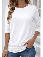 baratos Camiseta lisa-Camiseta 100% Algodão Feminina Cor Sólida Básica Clássica Casual de Manga Longa com Decote Redondo Tops Regulares para o Dia a Dia Saídas Preta Branca Vermelha Azul Marinho Verde Menta Primavera