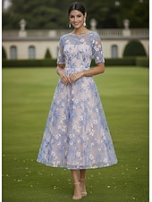abordables Longueur de cheville-Ligne A Robe Longueur cheville Longueur thé Robe en Dentelle Robe de Cocktail Robe de Mère de Mariée  Manche Courte Demi Manches Col Bateau Élégant ancien Luxueux robe demoiselle d honneur Semi-Formel