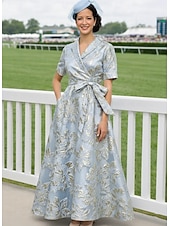 cheap Floor Length-A-Line Ankle Length Wedding Guest Dress Mother of the Bride Dress Short Sleeve Lapel Elegant Vintage Sparkle &amp; Shine Formal Wedding Guest Kentucky Derby Organza Jacquard with Floral Print Sequin