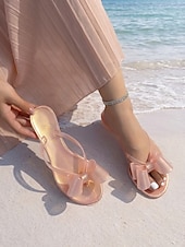 tanie Sandały typu slide-Damskie klapki plażowe w kolorze słodkiego różu - romantyczne, duże sandały z kokardą i wygodną, płaską podeszwą na letnie wakacje i wypady na tropikalne wyspy &amp;swobodny strój wypoczynkowy