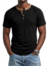 お買い得  カジュアルヘンリーTシャツ-男性用 ヘンリーシャツ Tシャツ 半袖 パッチワーク ファッション デザイナー カジュアル フリル ボタン ヘンリー カジュアル 日常 アウトドア 夏 春 オールシーズン ロイヤルブルー ヘンリーTシャツ