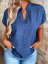 billige Enkle bluser-Dame Skjorte Bluse عادي Årgang Klassisk Moderne Kortermet V-hals Vanlige topper Daglig Ferie Ut på byen Blå Sommer Vår