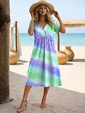 ieftine Artă și design rochii-Pentru femei Rochii Midi Rochie de schimb Rochie de Vară Rochie de vară Vacanță Casual Stiluri de Plajă Zilnic Ieșire Potrivire Largă Ombre Grafic Leopard Manșon scurt În V Albastru piscin