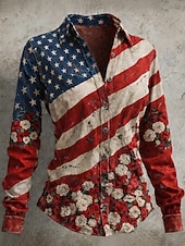  Jour de l'Indépendance Américaine Femmes Chemise Chemisier Patchwork Boutons Imprimé Graphique Drapeau ancien Élégant Occasionnel manche longue Col de chemise Hauts Réguliers Quotidien Bleu Rouge Ét