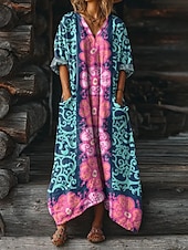 cheap Ethnic Boho Dress-Women's Maxi Dress Boho Dress Casual Dress Print Dress Vintage Outdoor Vacation Weekend Loose Fit Floral Graphic Long Sleeve V Neck Blue Purple Summer Spring Fall