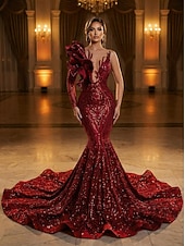 halpa Merenneito Illan Mekot-Trumpetti merenneito Hovilaahus Tanssiaismekot Iltapuku Ball Gown Muodollinen mekko Tyylikäs Kimmaltava ja hohtava Pitkähihainen Yksiolkaiminen Kihlaus Muodollinen iltajuhla Paljetein koristeltu