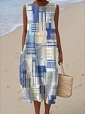 abordables Vestidos Boho-Mujer Vestido Midi Vestido de cambio Vestido de verano Vestido de una línea Vacaciones Casual Boho Playa Fiesta Noche Holgado Floral Graphic Abstracto Sin Mangas Cuello Barco Azul Real Naranja
