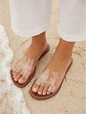 billiga Kvinnor-Färgglada gula strandtofflor för kvinnor - eleganta platta sandaler i genomskinlig PVC med H-remmar för tropiska semestrar och öresor &amp;sommarkläder vid poolen