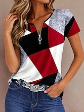 levne Tričko s pruhy a geometrickým vzorem-Dámské Tričko Zip Čtvrtletní zip Grafika Geometrický Abstraktní Vinobraní Tropický vzhled Havajské Krátký rukáv Tričkový Běžné topy Svatba na pláži Denní Sport Vodní modrá Černá Světlá růžov