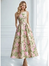 preiswerte Cocktailkleider-A-Linie Tee-Länge Abendkleid Cocktailkleider Elegant Ärmellos U-Boot-Ausschnitt Hochzeit Formell Jacquard mit Falten