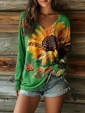  Per donna Maglietta Stampato Floreale Grafico Girasole Vintage Casual Boho Manica Lunga Scollo a V Top Regolari Quotidiano Blu Rosso Blu marino Arancione Verde Estate Primavera Autunno