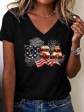 Χαμηλού Κόστους Ημέρα Ανεξαρτησίας Κορυφή-Ημέρα Αμερικανικής Ανεξαρτησίας Γυναικεία Μπλουζάκι Στάμπα Γραφική Σημαία Βίντατζ Στυλάτο Κλασσικό Κοντομάνικο Λαιμόκοψη V Κανονικά μπλουζάκια Καθημερινά Θαλασσί Μαύρο Λευκό Ρουμπίνι Καλοκαίρι Άνοιξη