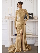 billiga Ballgowns för kvällsbruk-Sjöjungfru trumpet Svepsläp Telång Kvälls klänningar Balklänning med överkjol Formell klädsel Elegant Sidoslits Silkig Långärmad Hög hals Formell Satäng Paljetter med Pärldetaljer Paljett