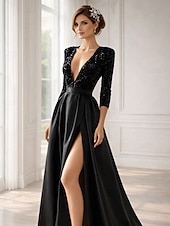abordables Vestidos de noche de cintura imperio-Vestido de Gala Hasta el Suelo Trajes de gala Vestidos de noche Corte Cenicienta Vestimenta formal Brillos Y Estrellas Manga Larga Escote en Pico Invitado a la boda Fiesta de Boda Bolsillo Satén con