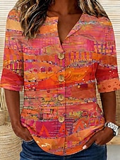 Χαμηλού Κόστους Τέχνη &amp; Σχεδίαση Μπλούζες-Γυναικεία Πουκάμισο Χιτώνας Καλοκαιρινές κορυφές Κουμπιά Γραφική Γεωμετρικό Αφηρημένο Διακοπές Καθημερινά Μακρυμάνικο Λαιμόκοψη V Μακριές μπλούζες Καθημερινά Αργίες Εξόδου
