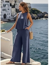 economico Imposta-Per donna Set di biancheria in cotone Set da due pezzi Blusa Pantaloni Senza Maniche Girocollo Tinta unica Elegante Moda Streetwear Casuale Quotidiano All'aperto Nero Giallo Blu marino scuro Estate