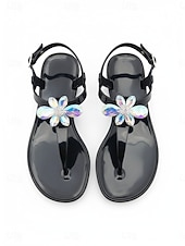 baratos Mulheres-Women's Elegant White Jelly Sandals - Waterproof T-Strap Flip Flops with 3D Flower &amp; Sparkling Rhinestone Decor for Beach Vacations, Summer Weddings &amp; Resort Wear
