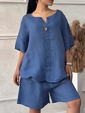 baratos Conjuntos Co-ord Falsos Essenciais-Conjunto feminino de shorts em linho sintético com estampa de algodão, manga 3/4, decote em V, cor sólida, estilo streetwear, casual, para uso diário, em tons de azul, branco e rosa, ideal para o
