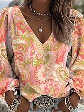ieftine Bluze Art&amp;Design-Pentru femei Bluză Imprimeu Floral Boemia Epocă Casual Manșon Lung În V Topuri obișnuite Zilnic Albastru piscină Negru Alb Roz Îmbujorat Roșu Vin Vară Primăvară Toamnă