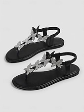 economico Donne-Eleganti sandali da donna bianchi a farfalla - sandali estivi piatti con strass scintillanti e comodo cinturino elastico sul retro, perfetti per vacanze in hotel di lusso, feste a bordo piscina e resort tropicali.