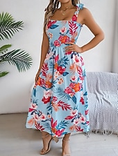 cheap Casual Floral Dresses-Women's Midi Dress Beach Dress A Line Dress Floral Dress Slip Dress Elegant Fashion Modern Outdoor Beach Vacation Regular Fit Floral Sleeveless Square Neck Blue Yellow Green Summer Spring