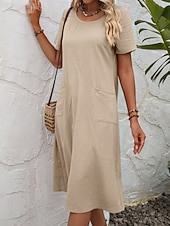 cheap Plain Dress-Women's Midi  Faux Cotton Linen  Dress A Line Dress Summer Dress Casual Daily Loose Fit Plain Short Sleeve Crew Neck Black Orange Army Green Apricot Summer