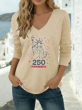 billiga Självständighetsdagen Topp-Amerikanska självständighetsdagen Dam T-shirt T-tröja Mönster Grafisk Mode Modern Ledigt Långärmad V-hals Vanliga toppar Dagligen Utekväll Helgen Blå Svart Vit Vin Armégrön Vår Höst