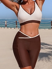 billige Tankinier-Dame Badetøy Tankini 2 stk Shorts Badedrakt Midjekontroll Høy Midje Tynn Åpen rygg Ferie Strand Klær Helfarge V-hals Ermeløs Badedrakter