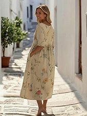 abordables Vestidos casuales con flores-Mujer Vestido Midi Vestido informal Vestido de flores Clásico Moderno Diario Exterior Festivos Ajuste regular Flor Manga Corta Cuello Barco Azul Piscina Amarillo Fucsia Albaricoque Otoño