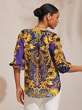 Недорогие Блузки и рубашки-Топ из барочного шифона темно-синего цвета с рукавами 3/4