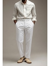 abordables Smokings et costumes-Pour des hommes Coton Lin Dress Pants works Pantalon décontracté Quotidien Affaires Mode Occasionnel Blanche Marine foncé Vert Sauge Couleur Unie Coupe régulière Long Non Elastique