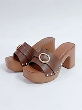 economico Infradito scivolosi-Sandali neri da donna con tacco grosso e fibbia – comodi sandali con plateau e punta aperta, ideali per occasioni casual, feste in giardino e per tutti i giorni.