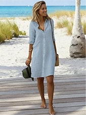 levne Šaty-Dámské Mini šaty Mieszanka bawełny Košilové šaty Bílé bavlněné šaty Bodycon šaty prázdniny Základní Moderní Denní Víkend Volný Bez vzoru 3/4 délka rukávu Košilový límec Vodní modrá Černá Bílá Šedá