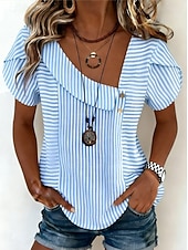 economico T-shirt a righe e geometrico-Per donna Maglietta Stampato A righe Moda Elegante Classico Manica Corta Scollo a V Top Regolari Quotidiano Uscire Weekend Blu Estate Primavera