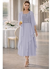  Duas Peças Linha A Longuette Vestido de convidada de casamento Vestido Para Mãe dos Noivos Meia Manga Scoop pescoço Elegante Formal Kentucky Derby Semi formal Chiffon Vestidos curtos com Bordado