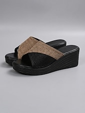 tanie Sandały na koturnie-Damskie beżowe sandały na koturnie z paskami na krzyż – letnie buty na platformie z odkrytymi palcami do ogrodu, na zewnątrz, na wakacje i na co dzień