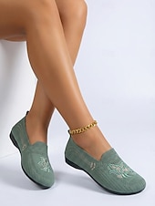 cheap Women's Flats-Women's Green Comfort Embroidered Knit Slip-on Shoes – Breathable Lightweight Casual Loafers for Travel, Home &amp; Daily Wear