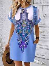 preiswerte Boho Kleid-Damen Minikleid Shiftkleid T-Shirt-Kleid Sommerkleid Lässig Täglich Ferien Date Normale Passform Grafik Stammes Ethnisch Kurzarm Rundhalsausschnitt Blau Rote Purpur Grün Sommer Frühling