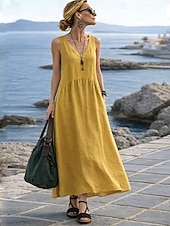 preiswerte Weißes Kleid-Damen Maxikleid A Linie Kleid Lässig Täglich Lässiger Schnitt Einfach Ärmellos V Ausschnitt Schwarz Gelb Wein Armeegrün Sommer Frühling Herbst
